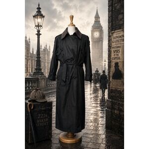 Vintage Long Black Trench Coat Plaid Zip-Out Liner Belted Full Length XL